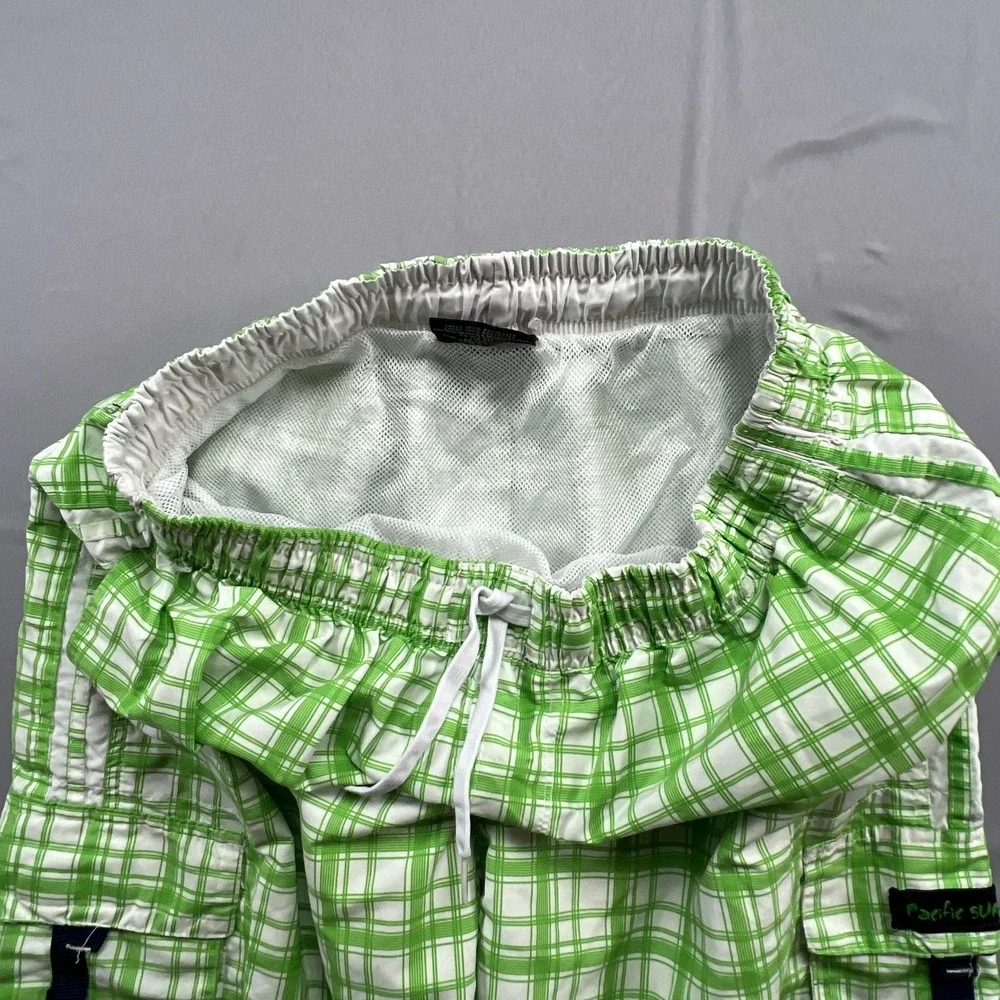 Pacific Surf By Exist Board Shorts Mens Large White Green Plaid Mesh Lined Beach